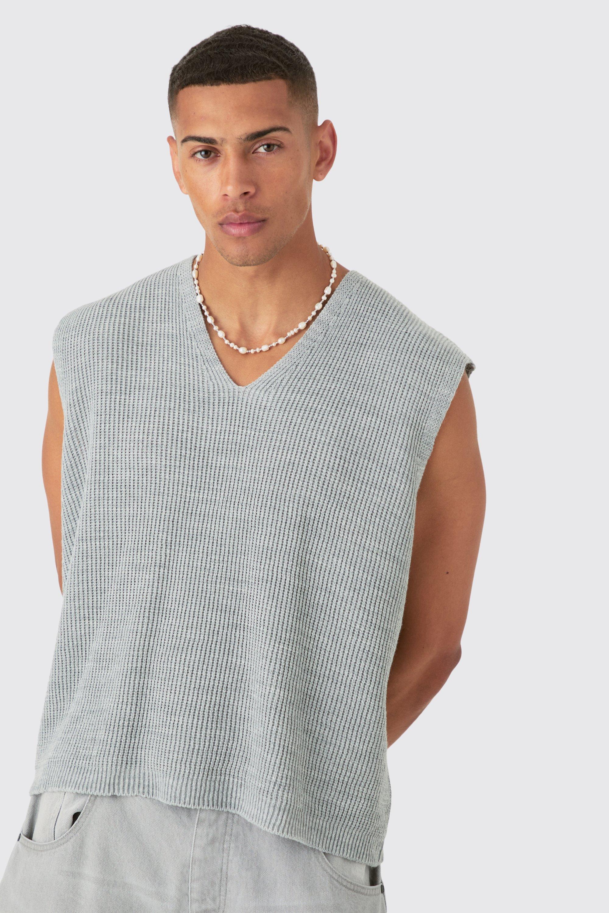 Boxy Ribbed V Neck Sweater Vest | boohooMAN USA